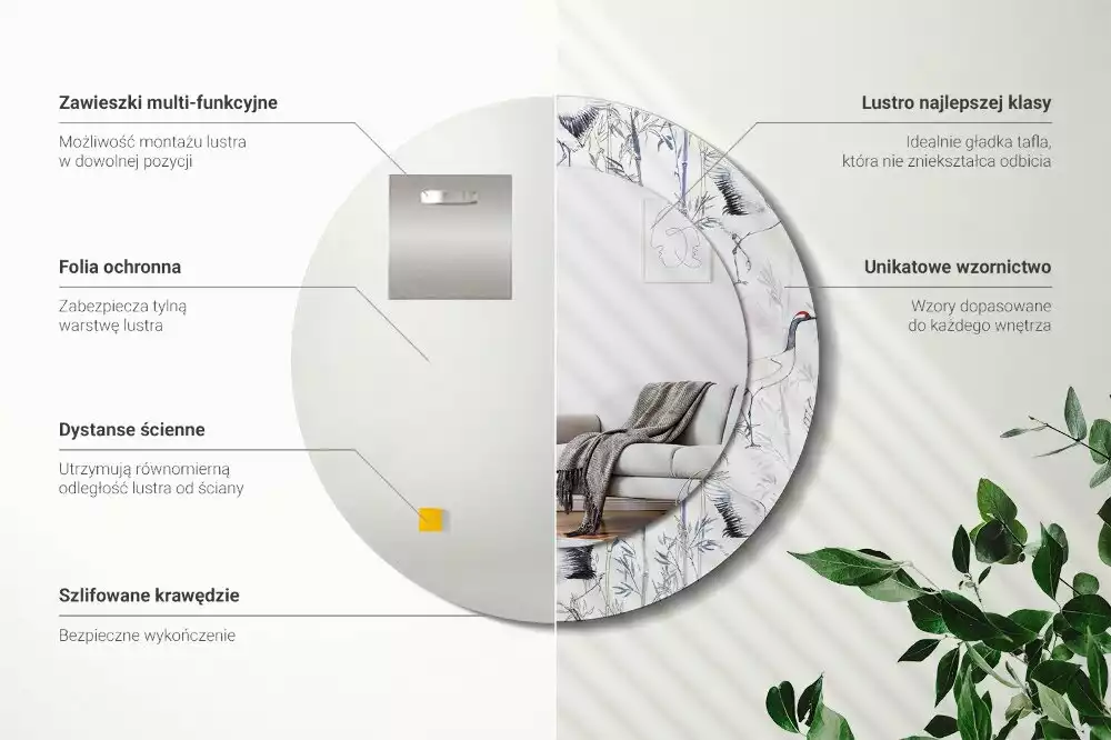 Lustro z drukowaną ramką z motywem żurawi