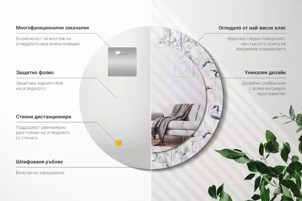 Lustro z drukowaną ramką z motywem żurawi