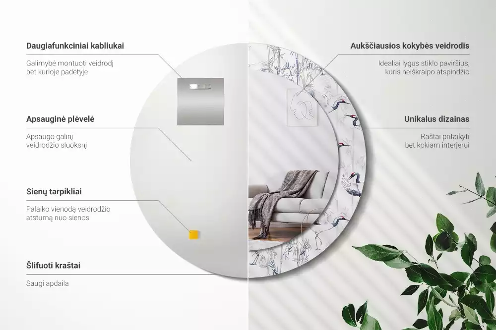 Lustro z drukowaną ramką z motywem żurawi