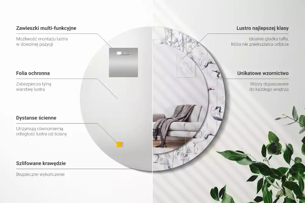 Lustro z drukowaną ramką z motywem żurawi