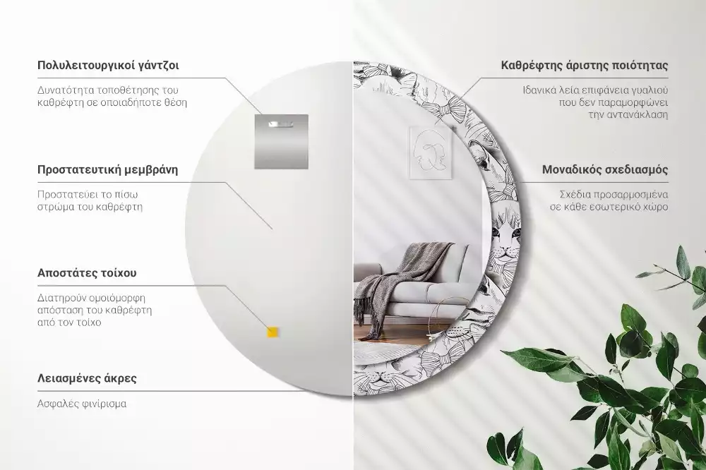 Lustro z ramą z nadrukiem z motywem kotów w kształcie koła