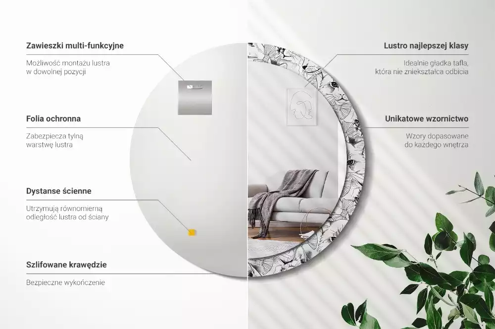 Lustro z ramą z nadrukiem z motywem kotów w kształcie koła