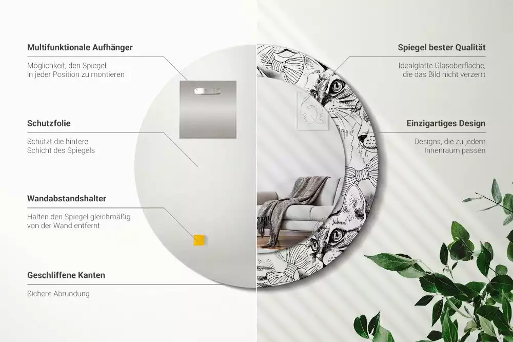 Lustro z ramą z nadrukiem z motywem kotów w kształcie koła