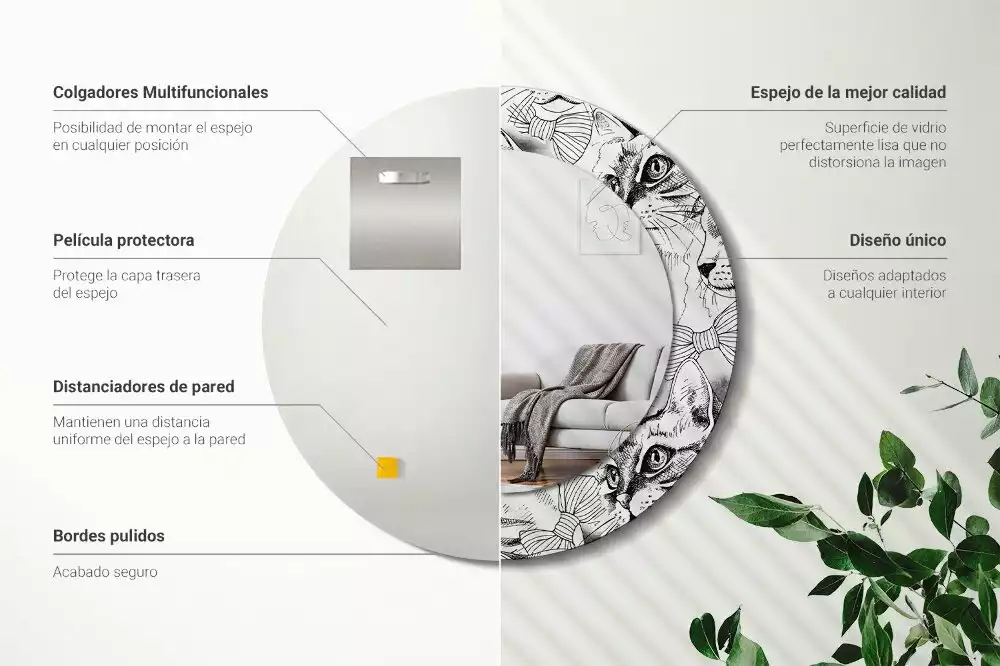 Lustro z ramą z nadrukiem z motywem kotów w kształcie koła