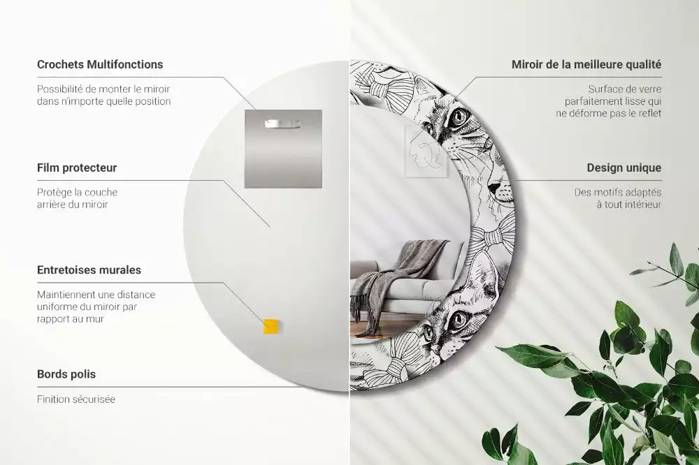 Lustro z ramą z nadrukiem z motywem kotów w kształcie koła