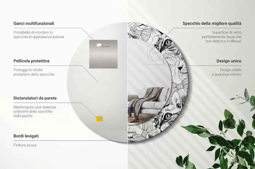 Lustro z ramą z nadrukiem z motywem kotów w kształcie koła