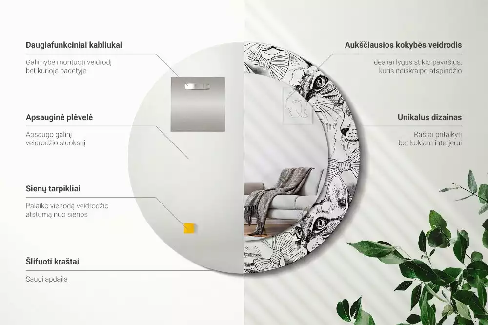 Lustro z ramą z nadrukiem z motywem kotów w kształcie koła