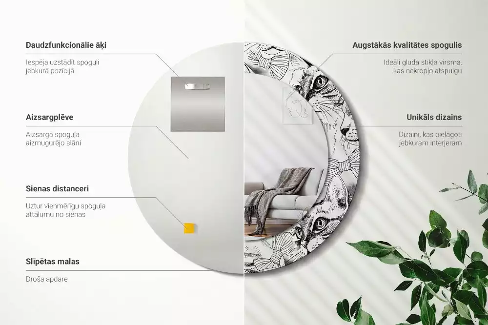 Lustro z ramą z nadrukiem z motywem kotów w kształcie koła