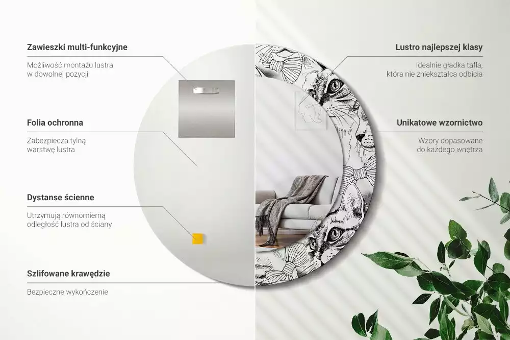 Lustro z ramą z nadrukiem z motywem kotów w kształcie koła