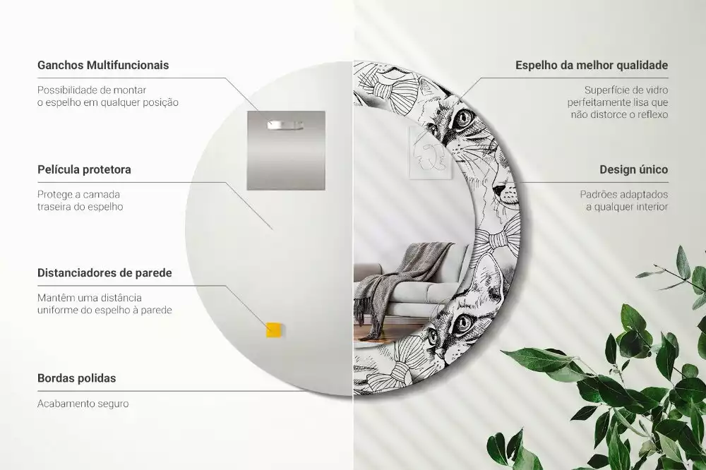 Lustro z ramą z nadrukiem z motywem kotów w kształcie koła