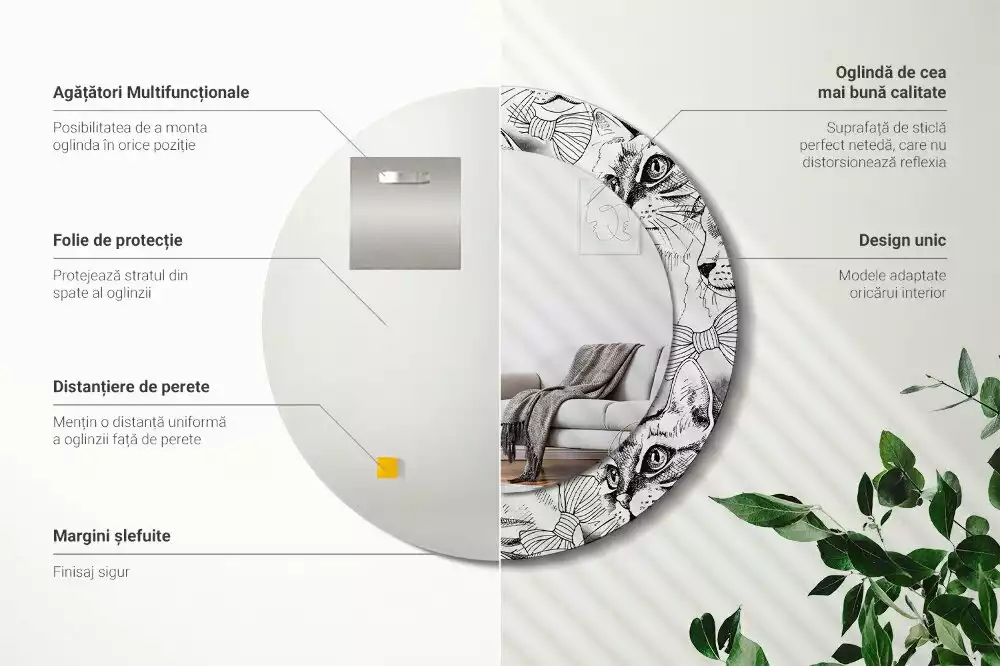 Lustro z ramą z nadrukiem z motywem kotów w kształcie koła