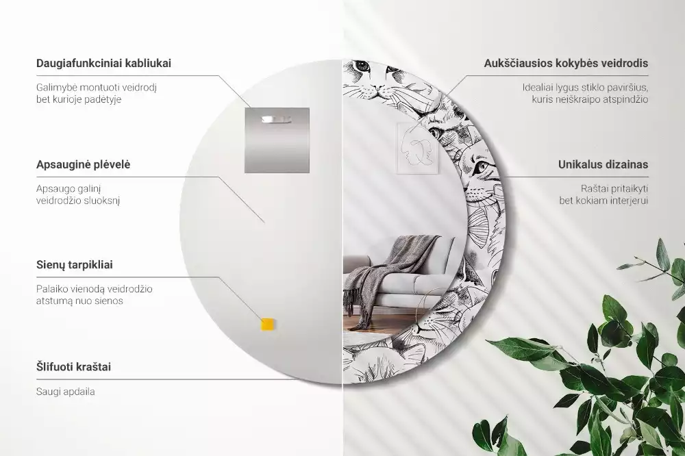 Lustro z ramą z nadrukiem z motywem kotów w kształcie koła