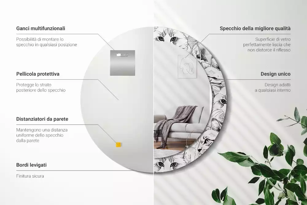 Lustro z ramą z nadrukiem z motywem kotów w kształcie koła