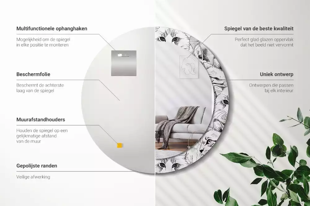 Lustro z ramą z nadrukiem z motywem kotów w kształcie koła