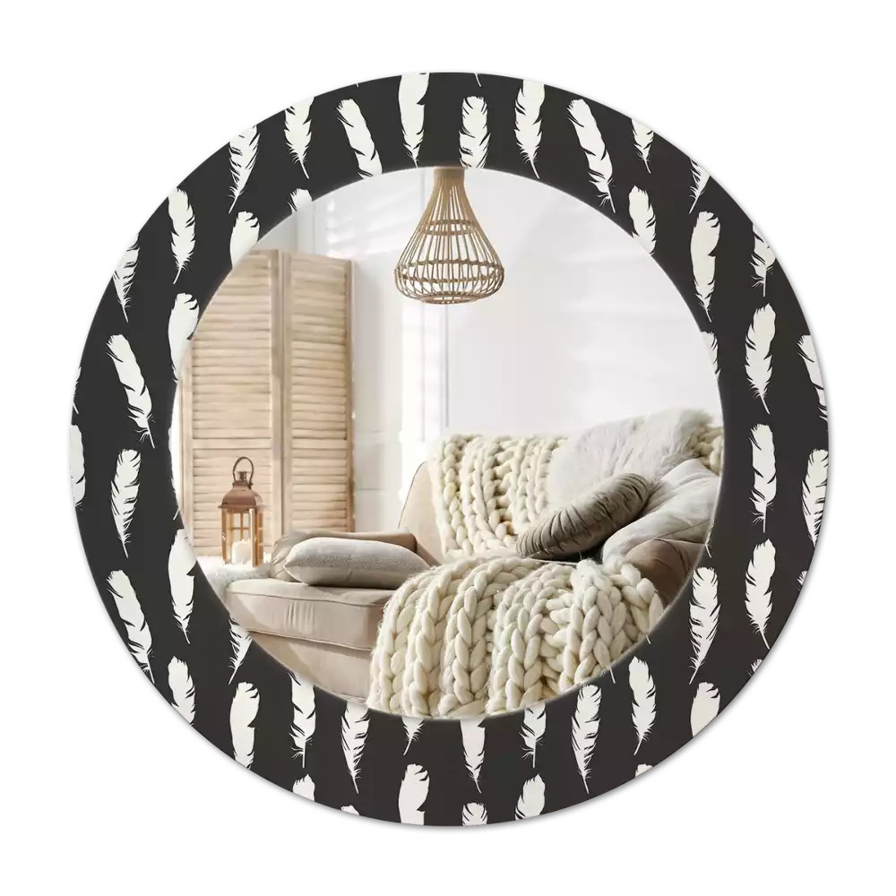 Lustro z drukowaną ramką w motywie czarno-białych piór