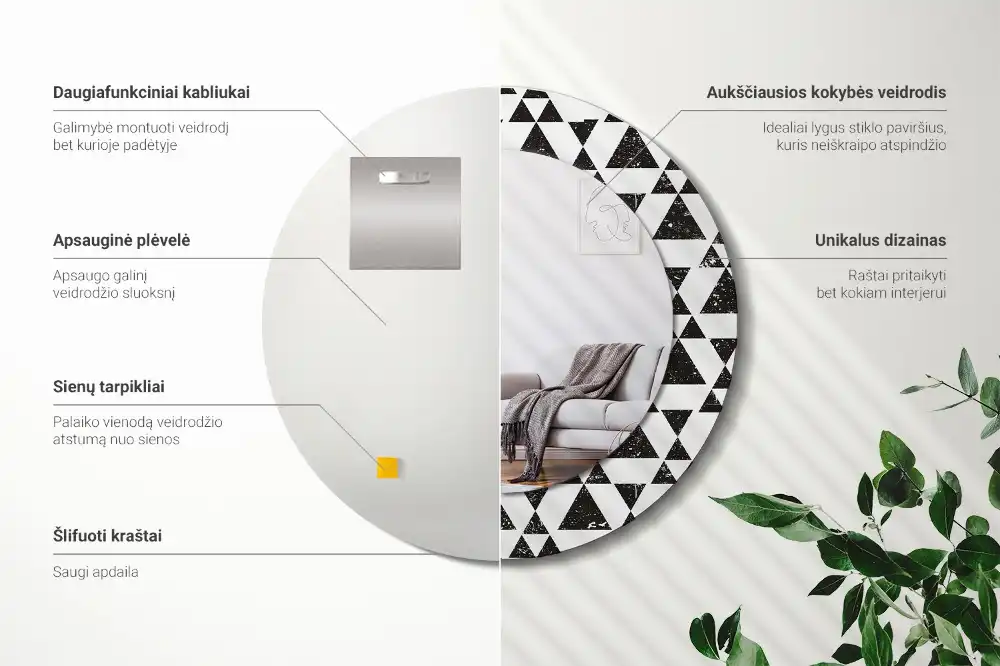 Lustro ścienne dekoracyjne w kształcie koła z motywem trójkątów i geometrycznym wzorem