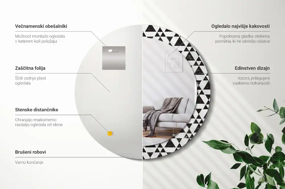 Lustro ścienne dekoracyjne w kształcie koła z motywem trójkątów i geometrycznym wzorem