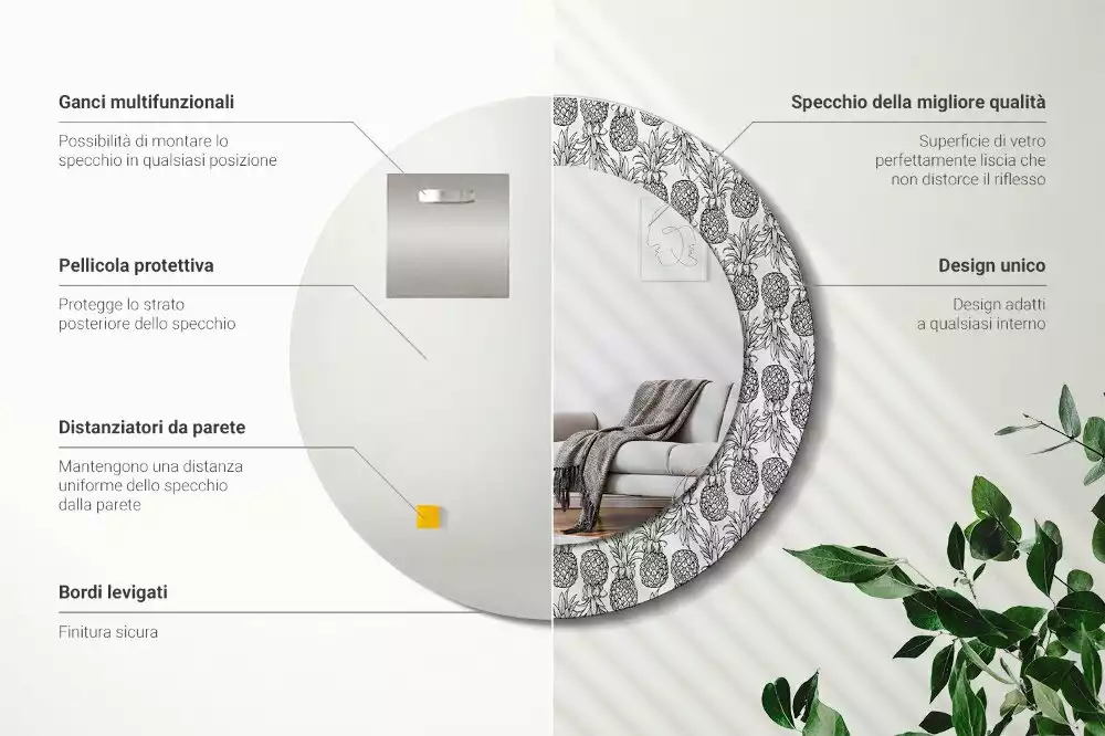 Lustro z okrągłą ramką i nadrukiem ananasów