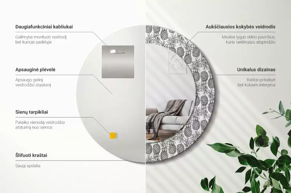 Lustro z okrągłą ramką i nadrukiem ananasów