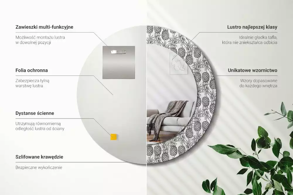 Lustro z okrągłą ramką i nadrukiem ananasów