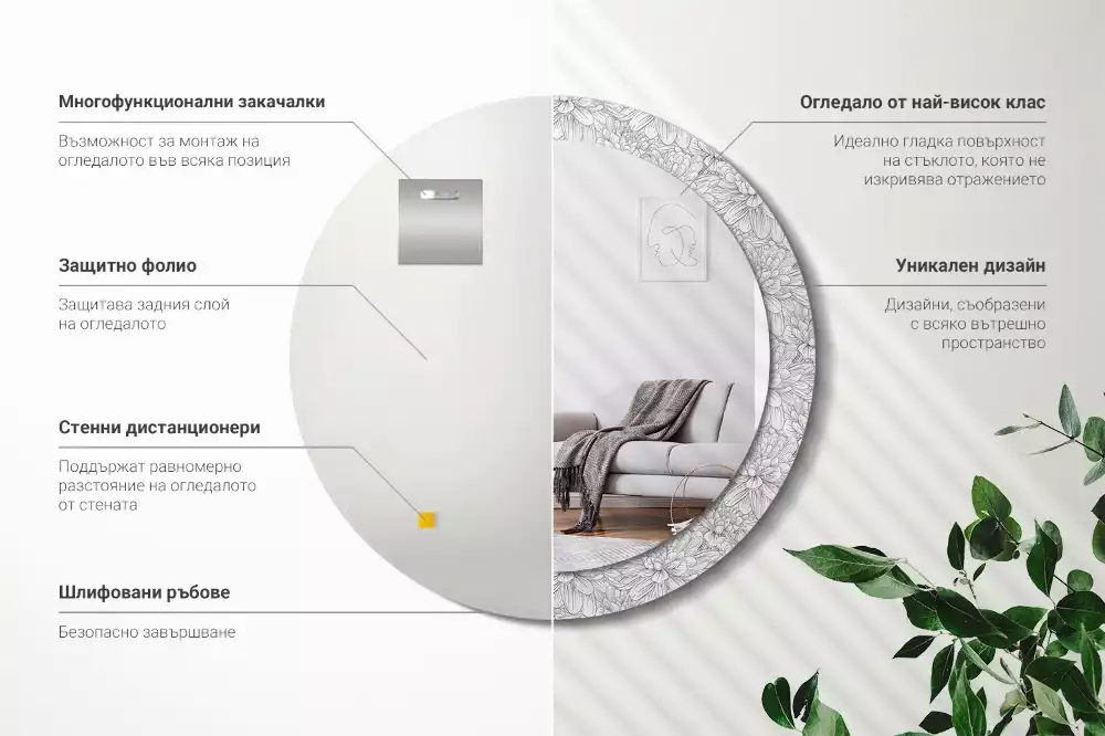 Lustro z okrągłą ramą z nadrukiem w motywie kwiatów lotosu