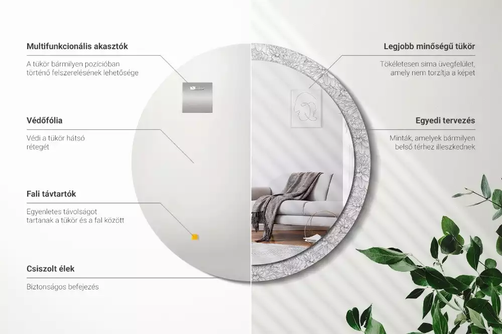 Lustro z okrągłą ramą z nadrukiem w motywie kwiatów lotosu