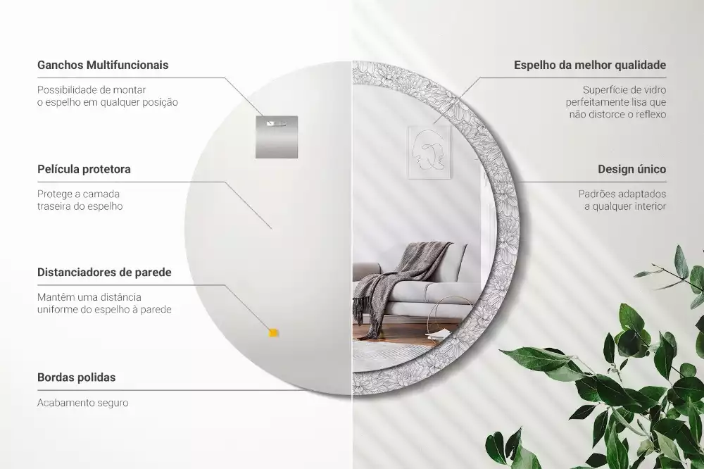 Lustro z okrągłą ramą z nadrukiem w motywie kwiatów lotosu