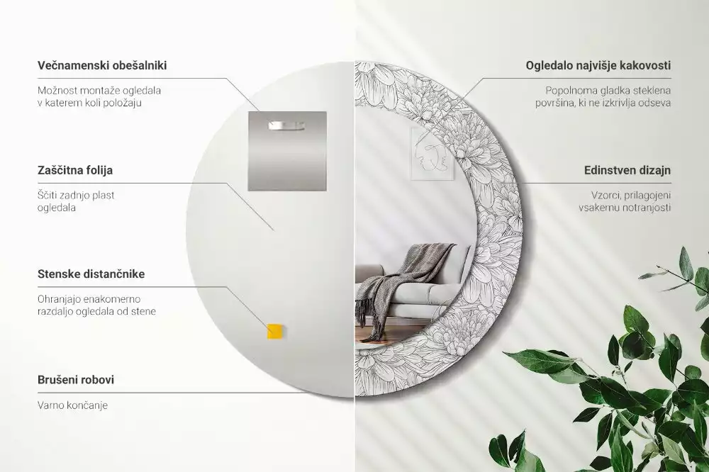 Lustro z okrągłą ramą z nadrukiem w motywie kwiatów lotosu