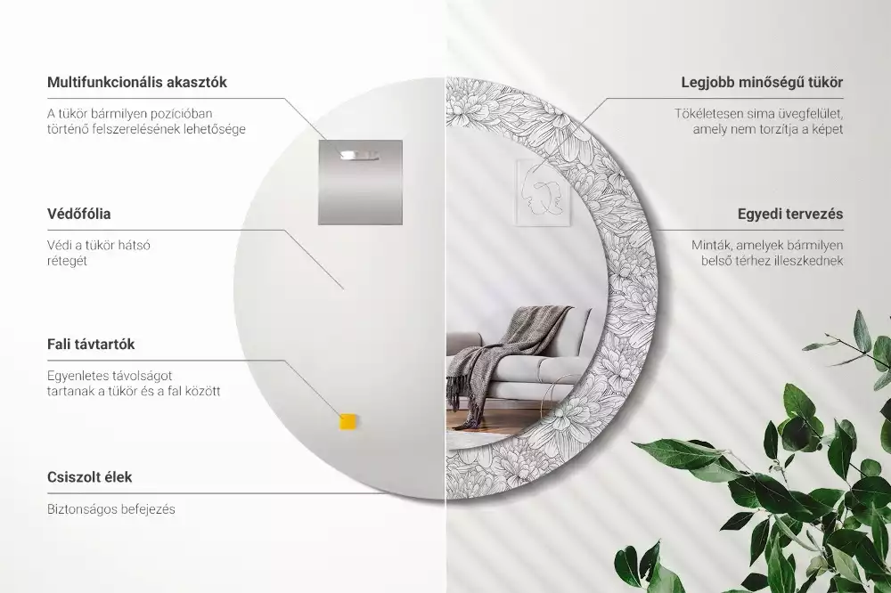 Lustro z okrągłą ramą z nadrukiem w motywie kwiatów lotosu