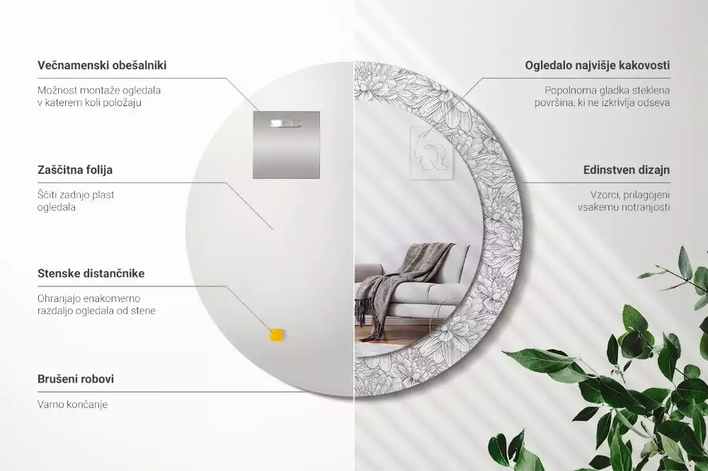 Lustro z okrągłą ramą z nadrukiem w motywie kwiatów lotosu