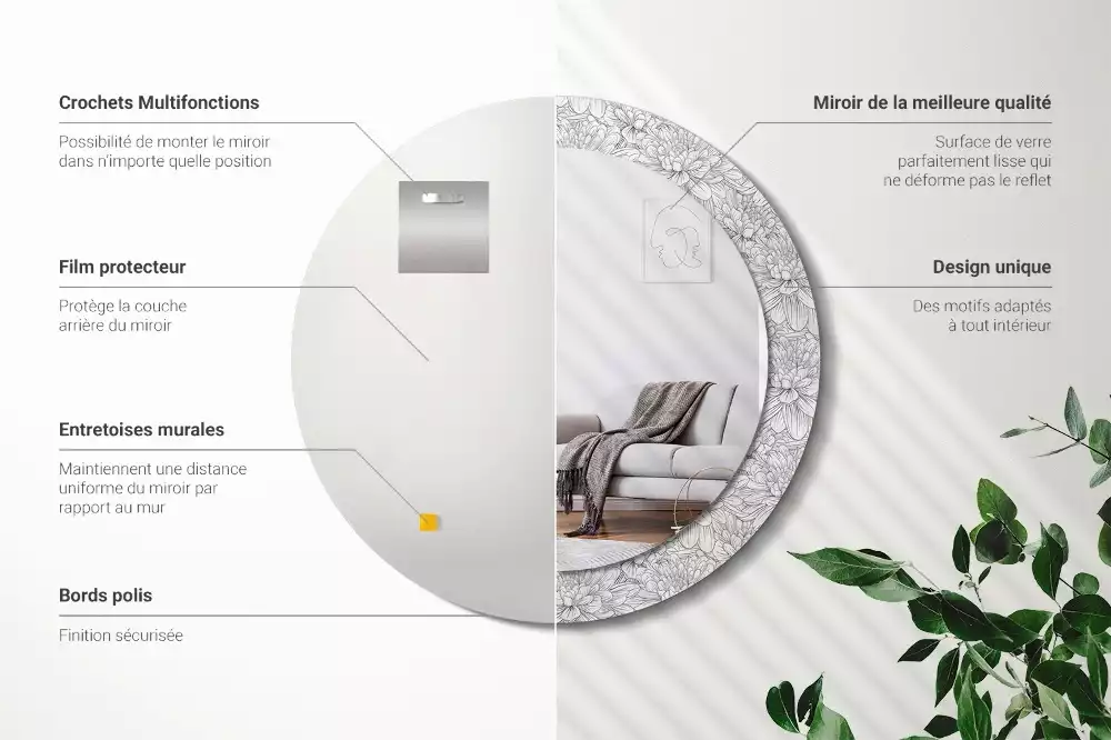 Lustro z okrągłą ramą z nadrukiem w motywie kwiatów lotosu