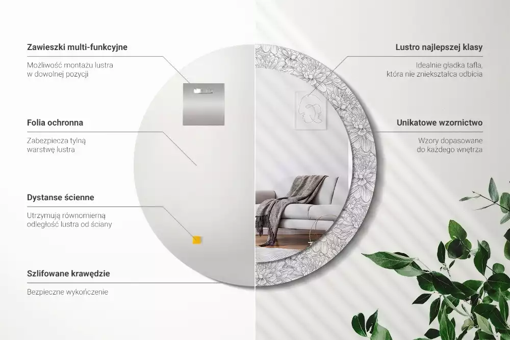 Lustro z okrągłą ramą z nadrukiem w motywie kwiatów lotosu