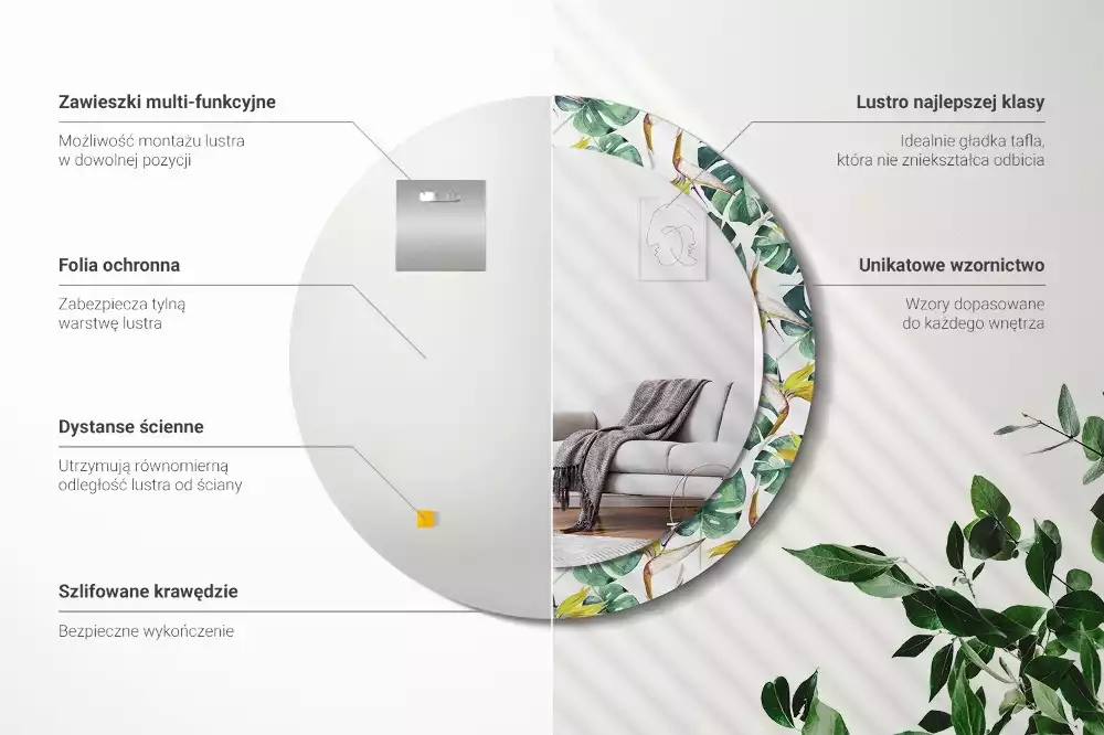 Lustro ścienne dekoracyjne o motywie liści tropikalnych