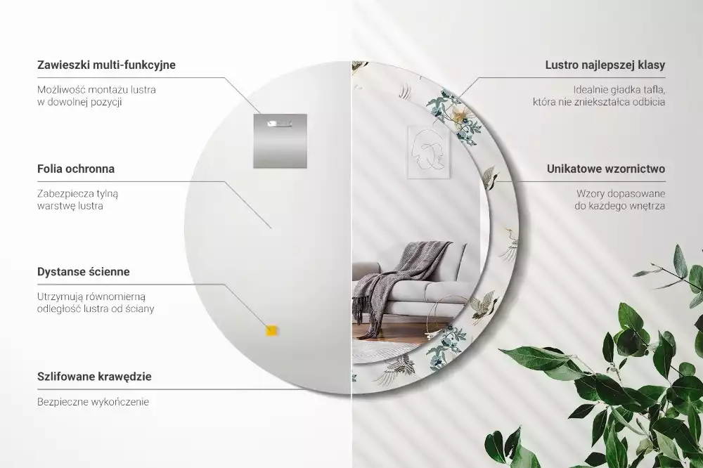 Lustro z drukowaną ramką z motywem chińskich ptaków