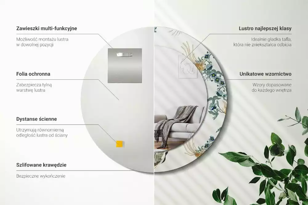 Lustro z drukowaną ramką z motywem chińskich ptaków