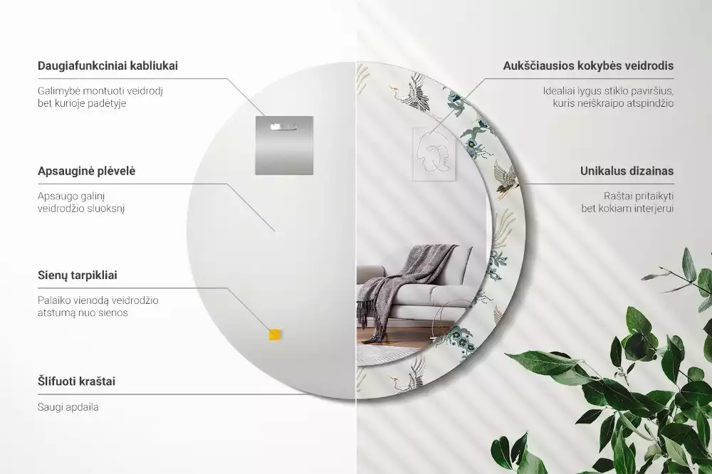 Lustro z drukowaną ramką z motywem chińskich ptaków