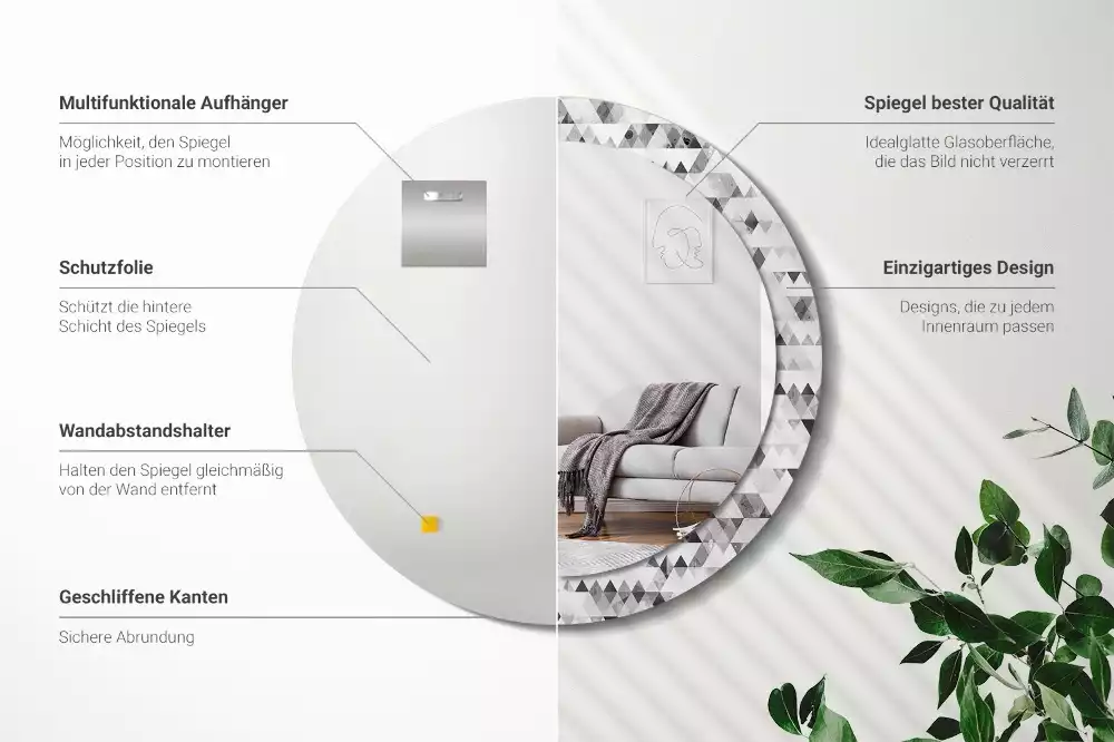 Lustro ścienne dekoracyjne w kształcie koła z motywem trójkątów