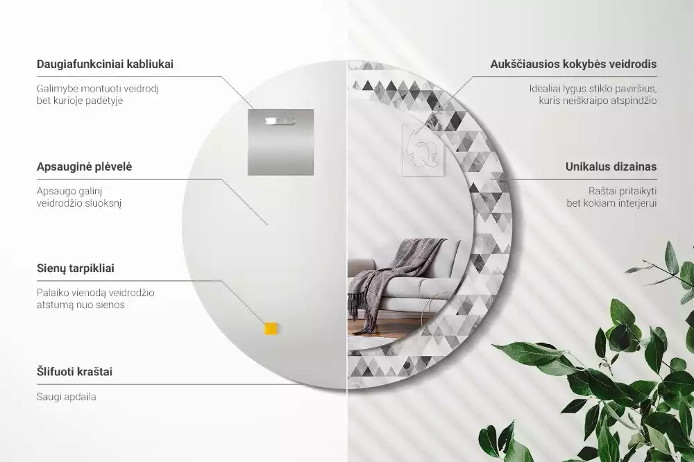 Lustro ścienne dekoracyjne w kształcie koła z motywem trójkątów