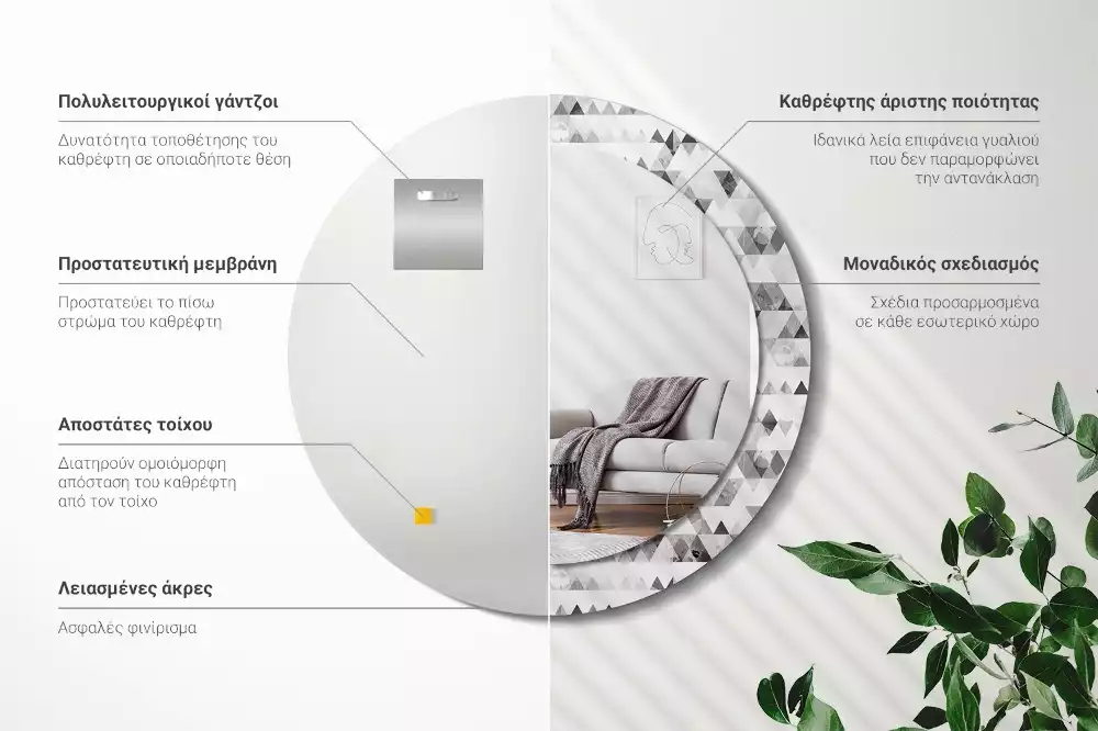 Lustro ścienne dekoracyjne w kształcie koła z motywem trójkątów