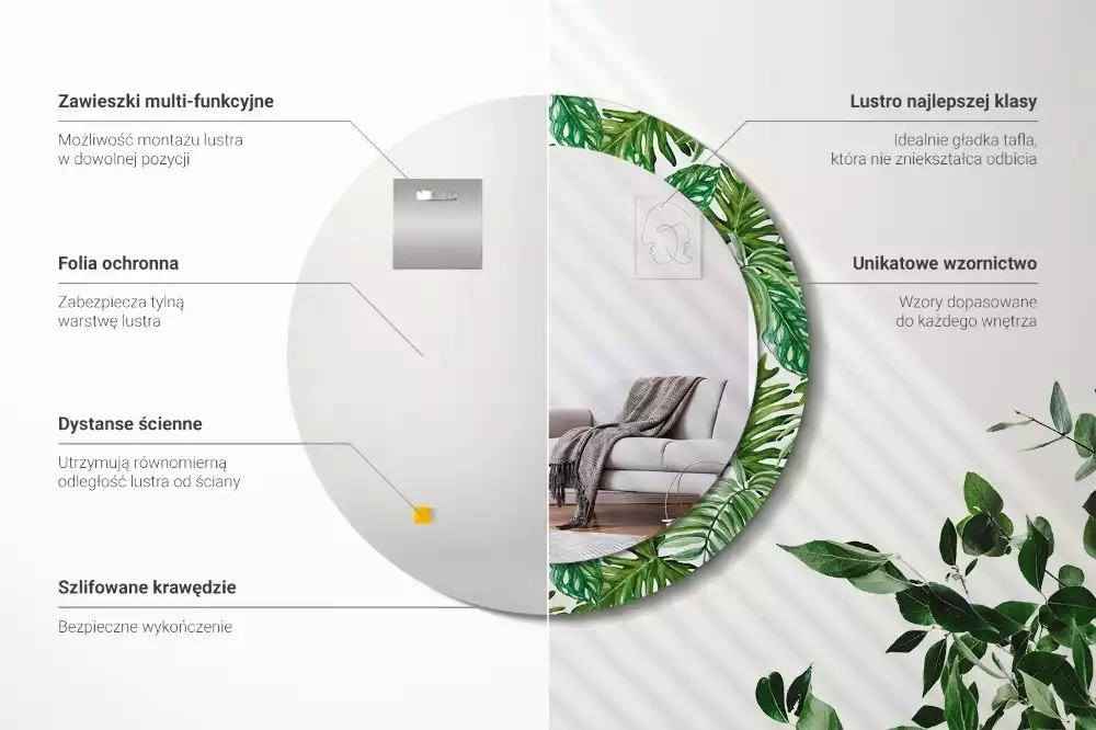 Lustro z drukowaną ramką z motywem liści dżungli