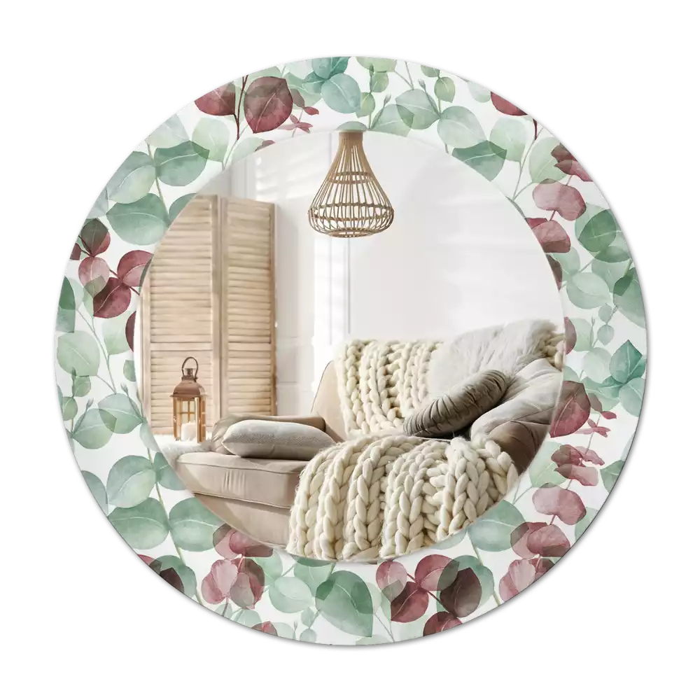 Lustro okrągłe z ramą z nadrukiem w motywie eukaliptusa