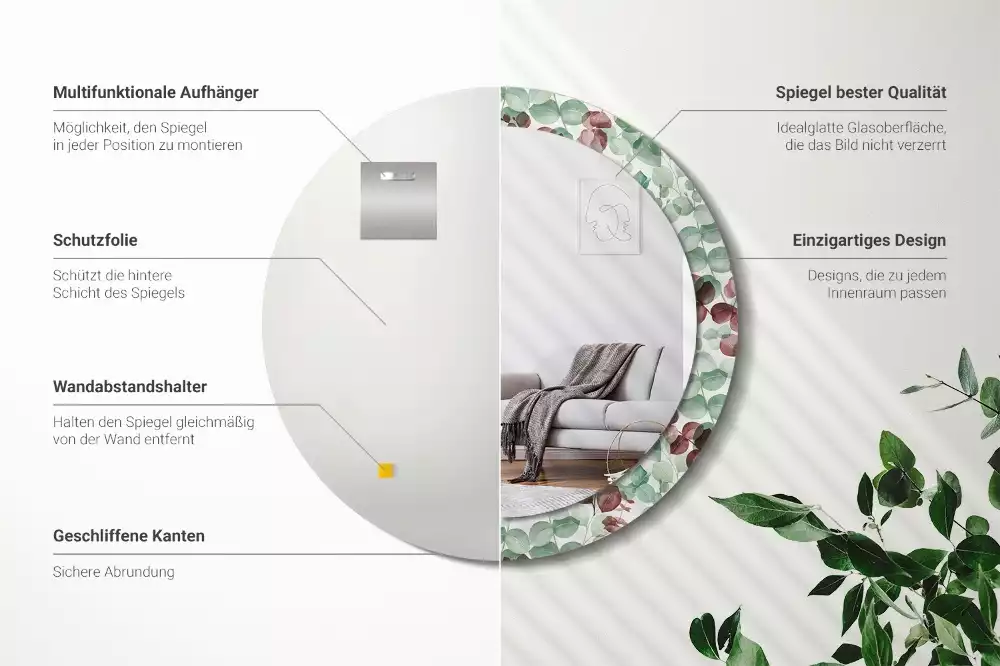 Lustro okrągłe z ramą z nadrukiem w motywie eukaliptusa