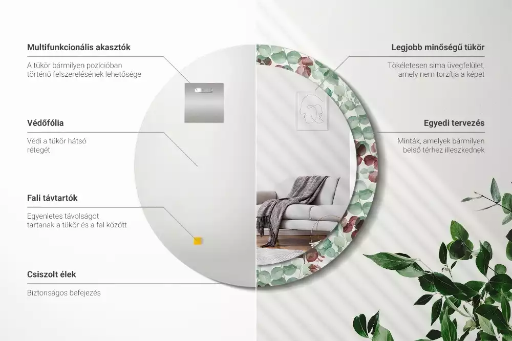 Lustro okrągłe z ramą z nadrukiem w motywie eukaliptusa