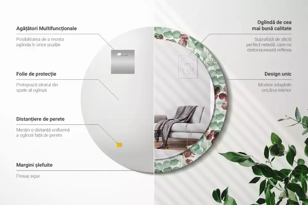 Lustro okrągłe z ramą z nadrukiem w motywie eukaliptusa