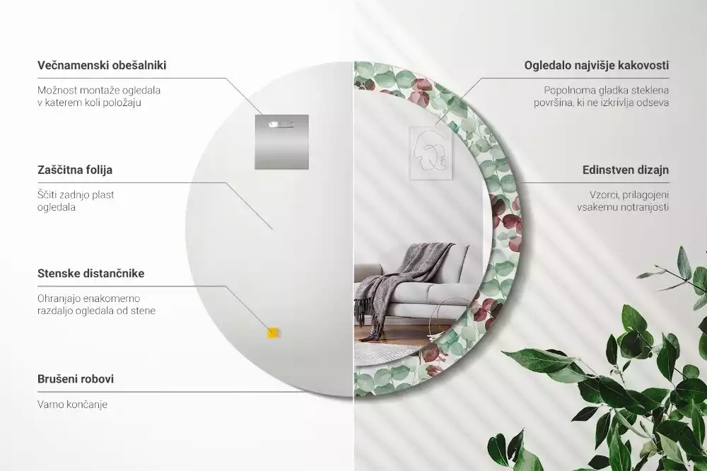 Lustro okrągłe z ramą z nadrukiem w motywie eukaliptusa