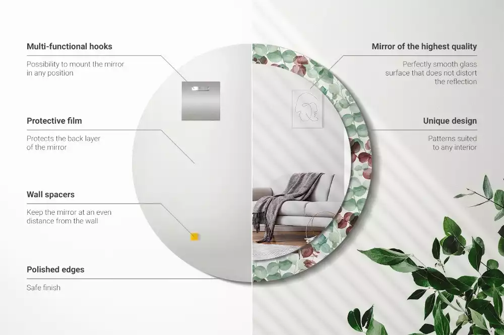 Lustro okrągłe z ramą z nadrukiem w motywie eukaliptusa