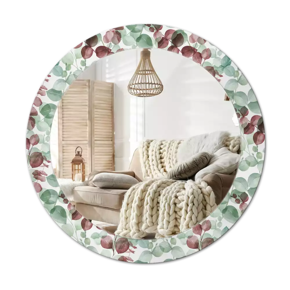 Lustro okrągłe z ramą z nadrukiem w motywie eukaliptusa