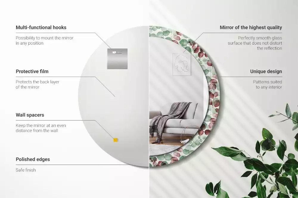 Lustro okrągłe z ramą z nadrukiem w motywie eukaliptusa