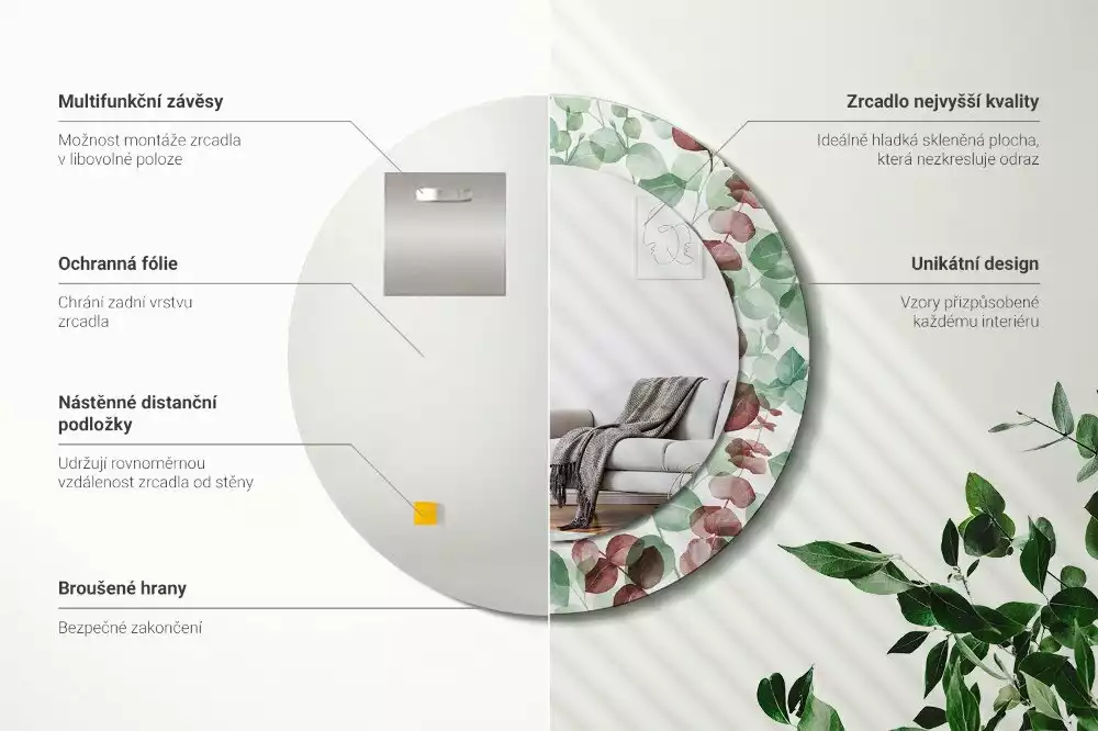 Lustro okrągłe z ramą z nadrukiem w motywie eukaliptusa