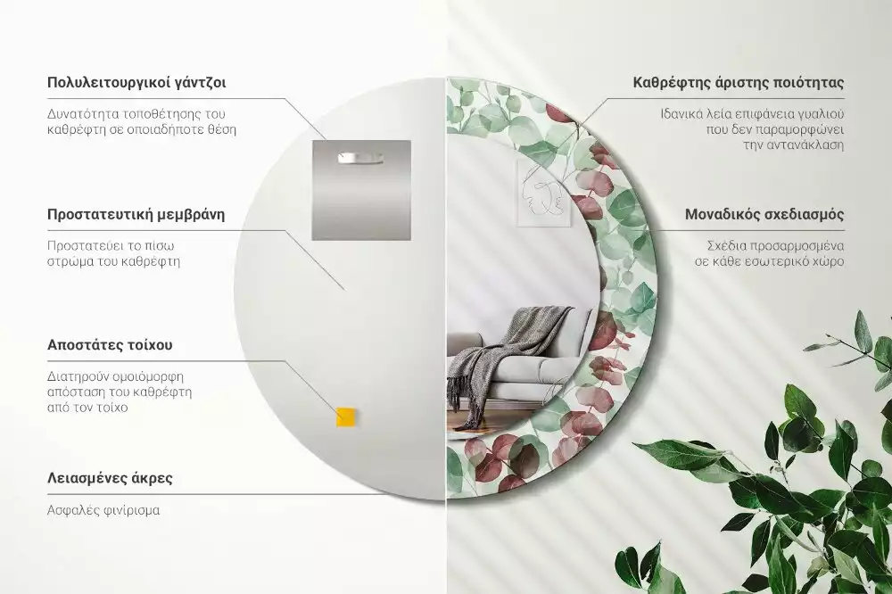 Lustro okrągłe z ramą z nadrukiem w motywie eukaliptusa